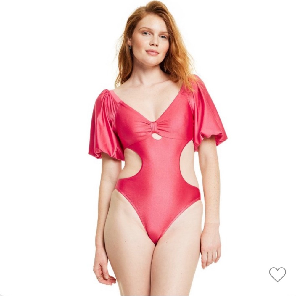 Women's Metallic Puff Sleeve Cut Out Medium Coverage One Piece Swimsuit - Fe Noe